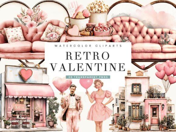 Download Watercolor Retro Valentine Clipart - Retro valentine clipart Collection