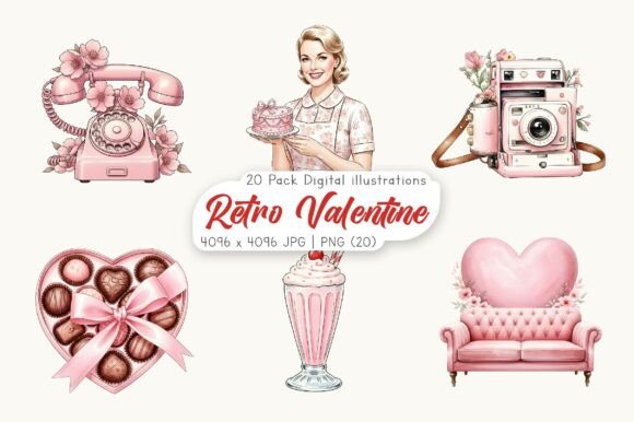 Download Watercolor Retro Valentine Clipart Set - Retro valentine clipart Collection